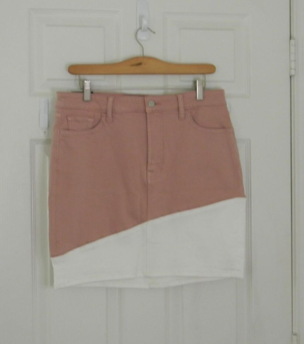 Jen 7 Pencil Skirt Denim Stretch Pink White Asymmetrical Sculpting Western NWT